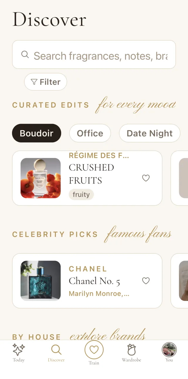 Discover screen showing curated edits by mood, celebrity picks, and browse by house