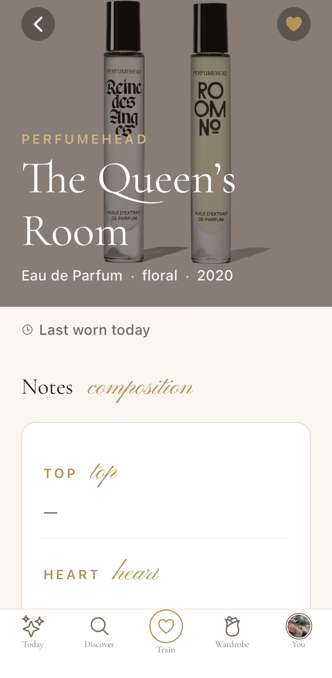 Fragrance detail page showing The Queen's Room by Perfumehead with note pyramid and wear history