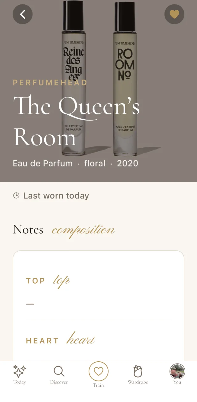 A fragrance detail page in Perfume Picks showing the note pyramid, wear history, and cheaper dupes