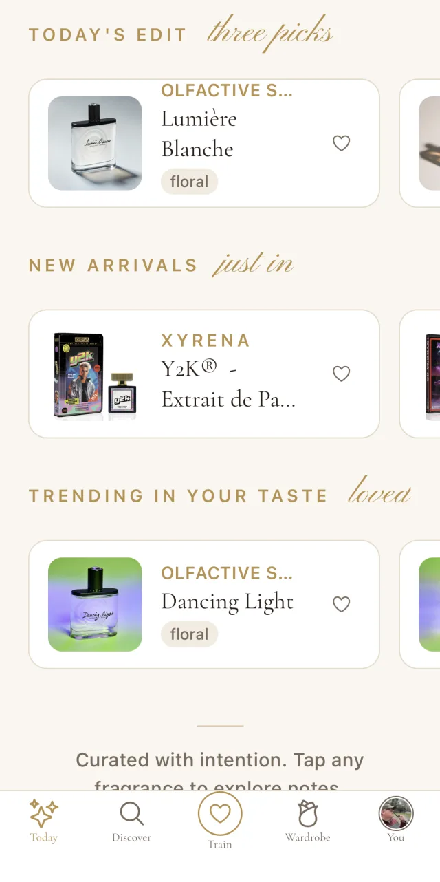 Today's Edit screen showing curated fragrance picks with new arrivals and trending in your taste