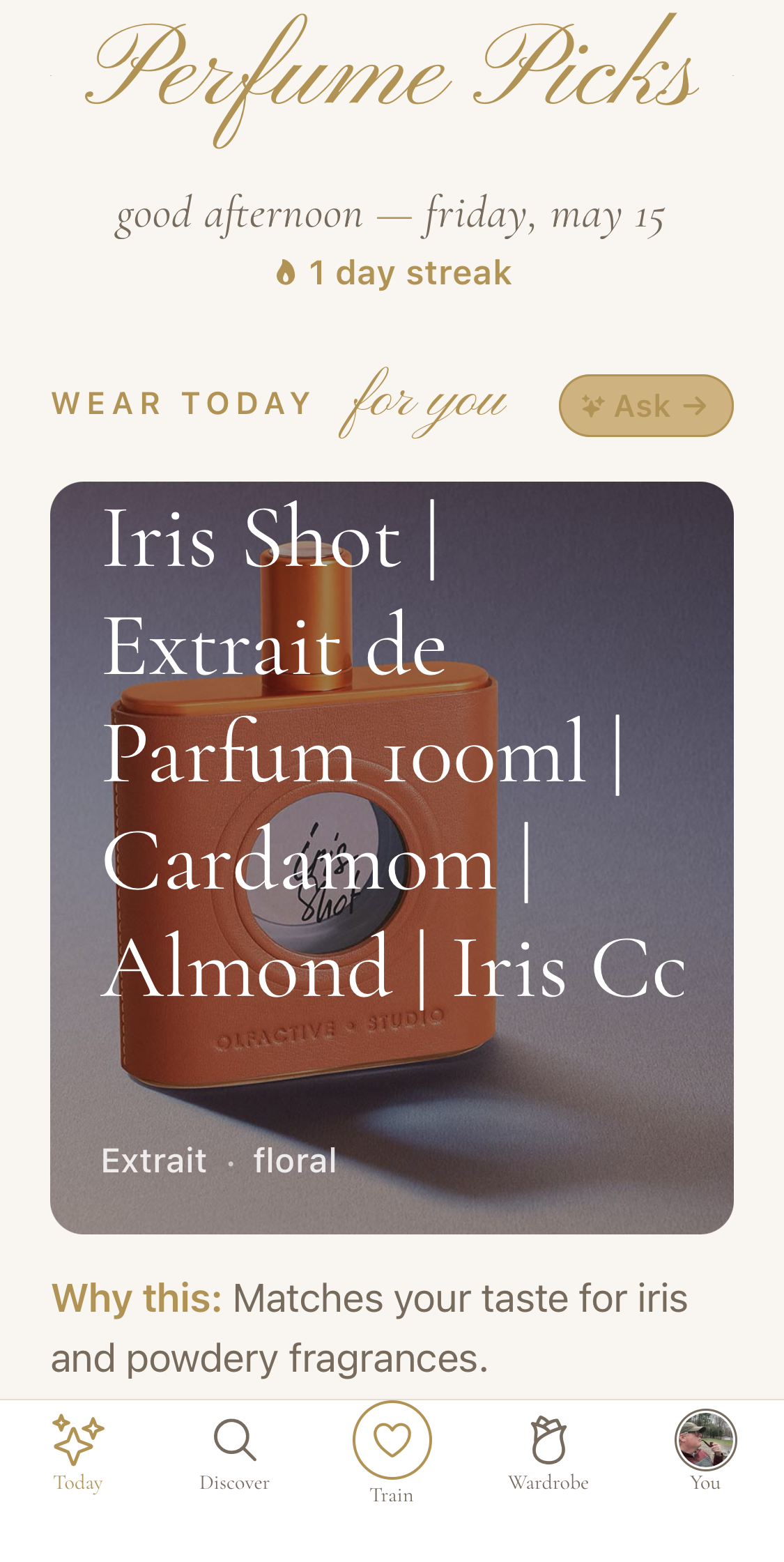 Perfume Picks Today screen showing a morning wear pick drawn from the user's wardrobe with weather context