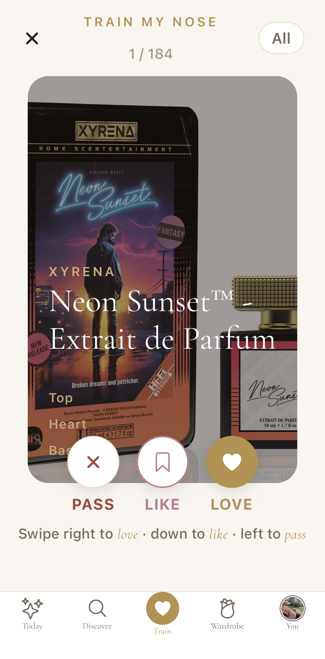 Train My Nose swipe interface showing a fragrance card with Pass, Like, and Love actions