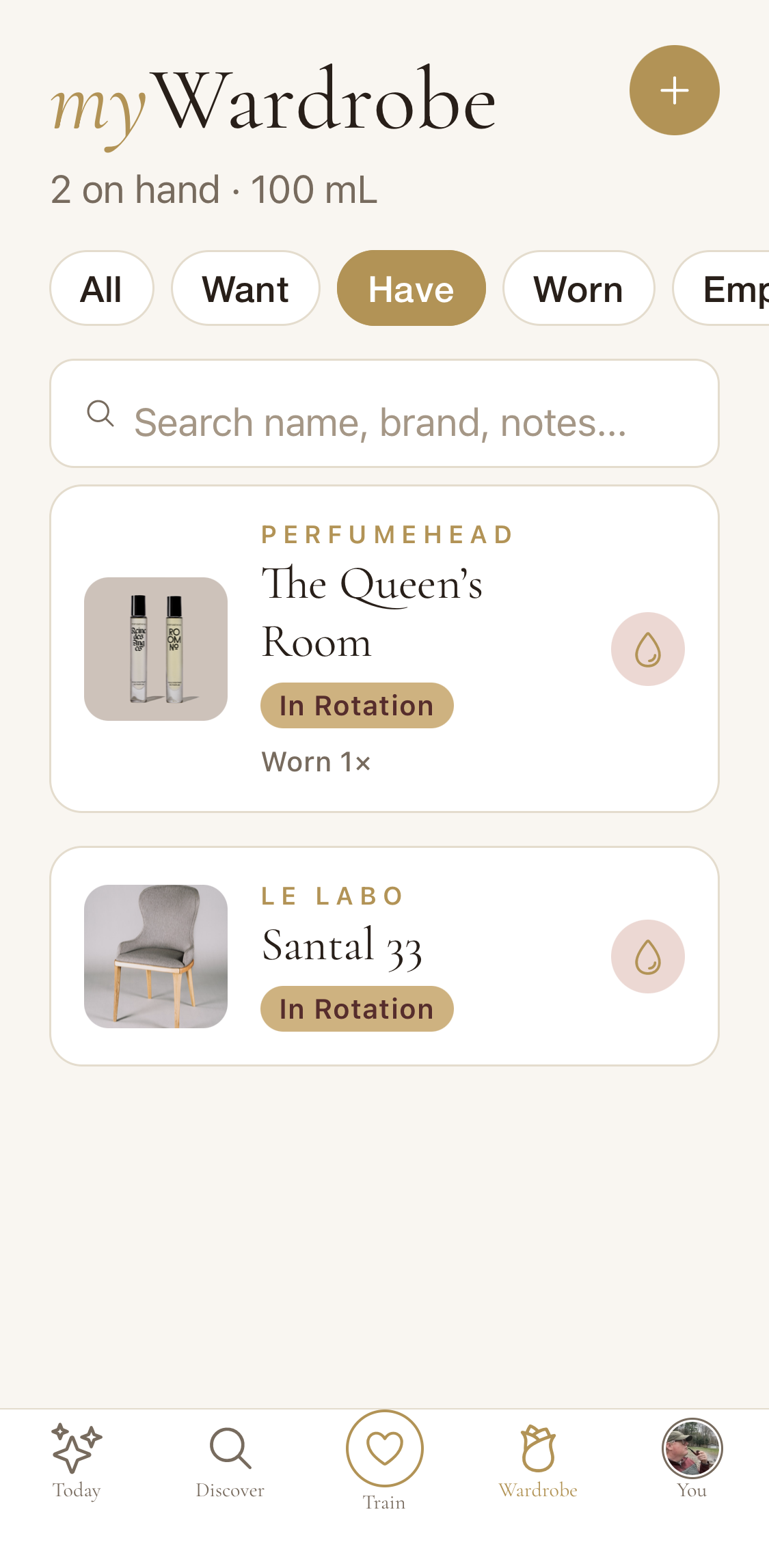 Wardrobe screen showing fragrances by status — Have, Want, Worn — with mL tracking