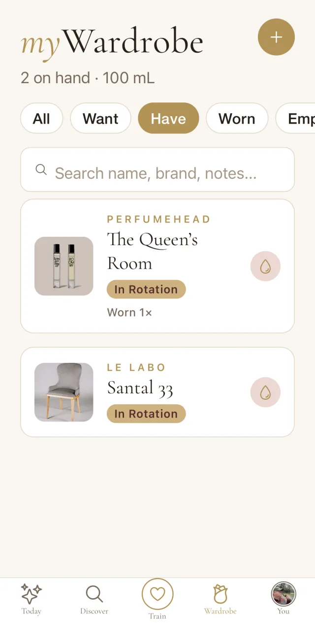 Wardrobe screen showing fragrances by status, Have, Want, Worn, with mL tracking